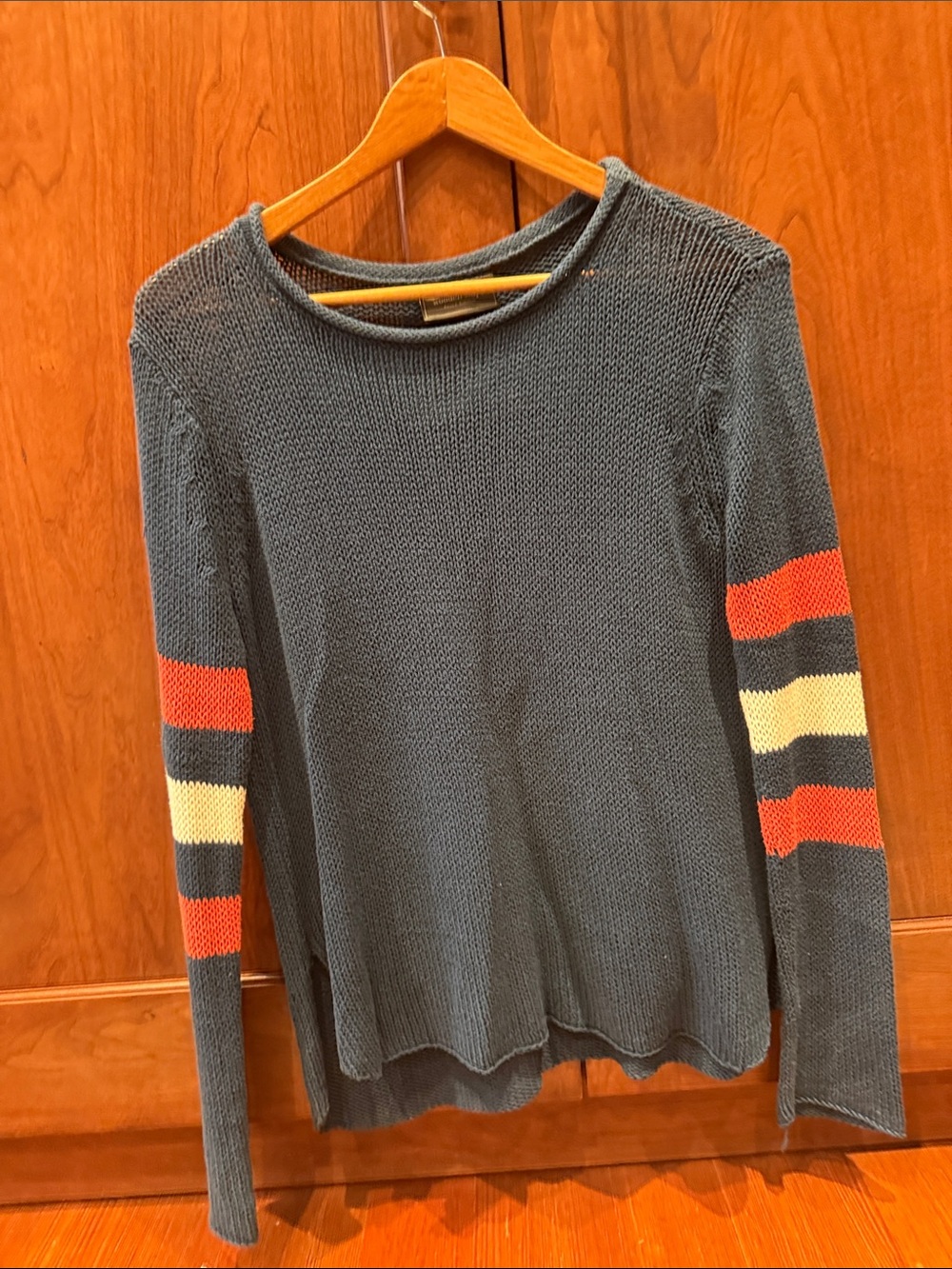 Wooden Ships Slate Blue Crewneck Sweater with Striped Sleeves